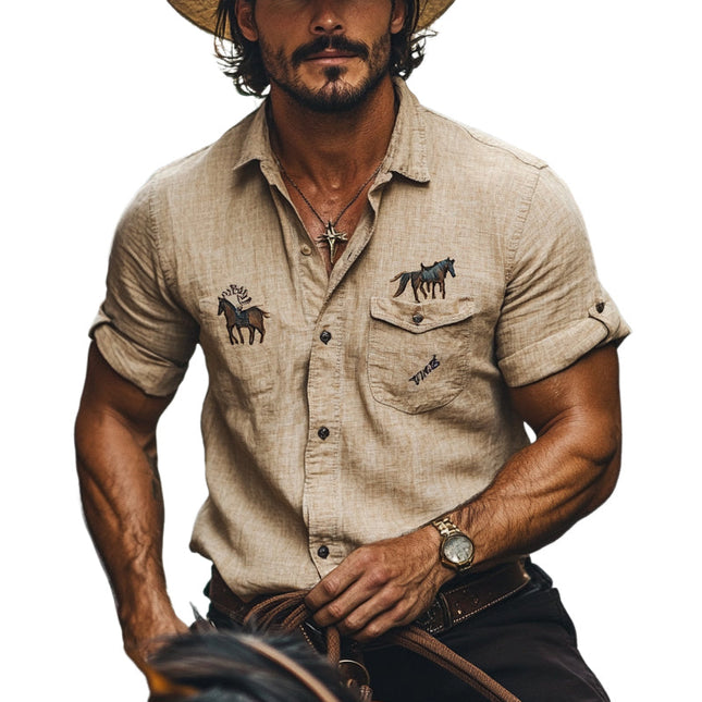 Men's Western Style Embroidered Short Sleeve Lapel Shirt | Breathable Fabric | Stylish Design | Ideal for Casual & Semi-Formal Wear | Perfect with Jeans or Chinos | Comfortable Fit | Fashionable Details