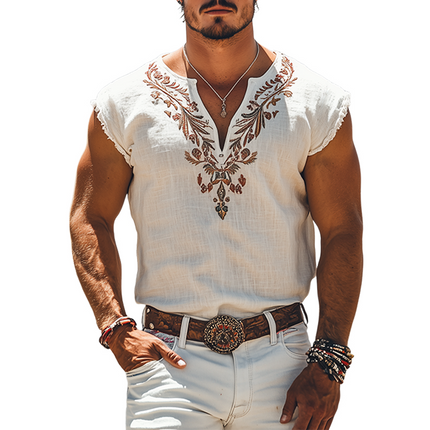 Men's Summer Retro Western Style V-Neck T-Shirt | Cotton Linen Blend | Embroidered Details | Casual Fashion | Breathable | Lightweight | Classic Design | Comfortable Fit | Versatile Summer Essential