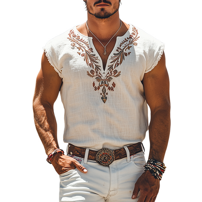 Men's Summer Retro Western Style V-Neck T-Shirt | Cotton Linen Blend | Embroidered Details | Casual Fashion | Breathable | Lightweight | Classic Design | Comfortable Fit | Versatile Summer Essential