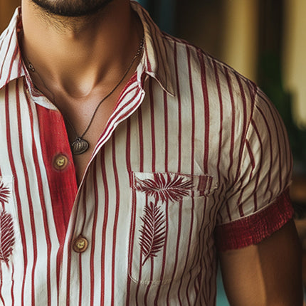 Men's Summer Shirt | Red Striped | Leaves Embroidered | Short Sleeve | Lightweight Cotton Blend | Spread Collar | Casual Wear | Sizes S-3XL | Perfect for Beach & Parties