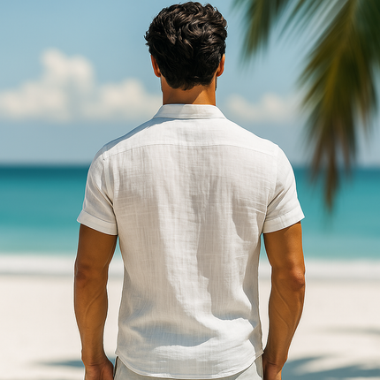 Men's Linen Palm Leaf Print Shirt | Short Sleeve Summer Fashion | Casual Button-Down | Breathable Lightweight | Trendy Tropical Style | Beach Day Outfit | Multiple Sizes | Men's Clothing