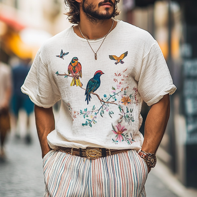 Men's Embroidered Round Neck T-Shirt | Cotton Linen Blend | Short Sleeve Casual Top | Breathable Elegant Design
