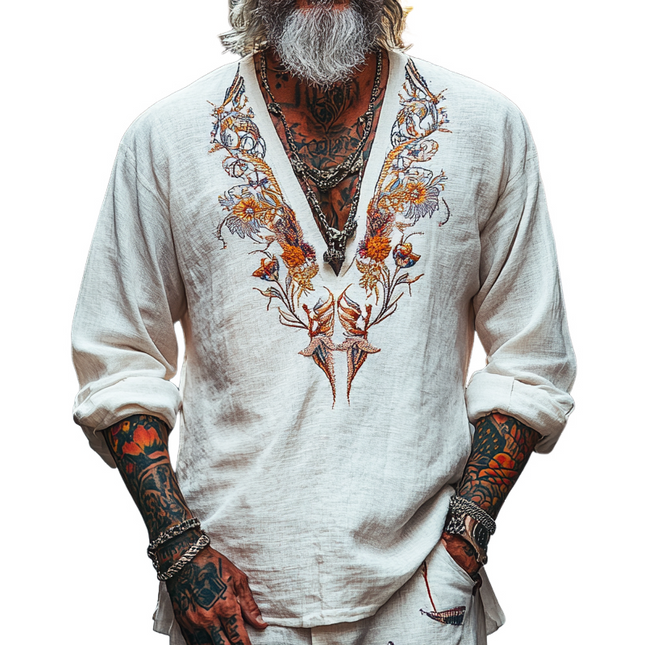 Men's Embroidered Long Sleeve T-Shirt | Vintage Style | V-Neck Cotton Blend | Casual Wear | Soft Breathable Fit | Artistic Embroidery | Timeless Design | Versatile Fashion | Comfortable and Durable