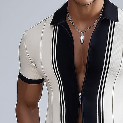 Men's Slim Fit Knitted Shirt | Black White Color Block Lapel | Zipper Closure | Soft Cotton Spandex Blend | Modern Business Casual Style | Breathable Fabric | M-3XL Sizes | Eye-Catching Elegant Design