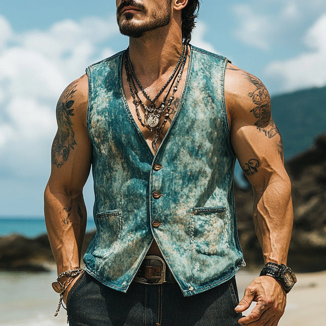 Men's Denim Vest | Vintage Distressed Western Style | V-Neck | Single Breasted | High-Quality Fabric | Classic Fashion | Versatile Outerwear