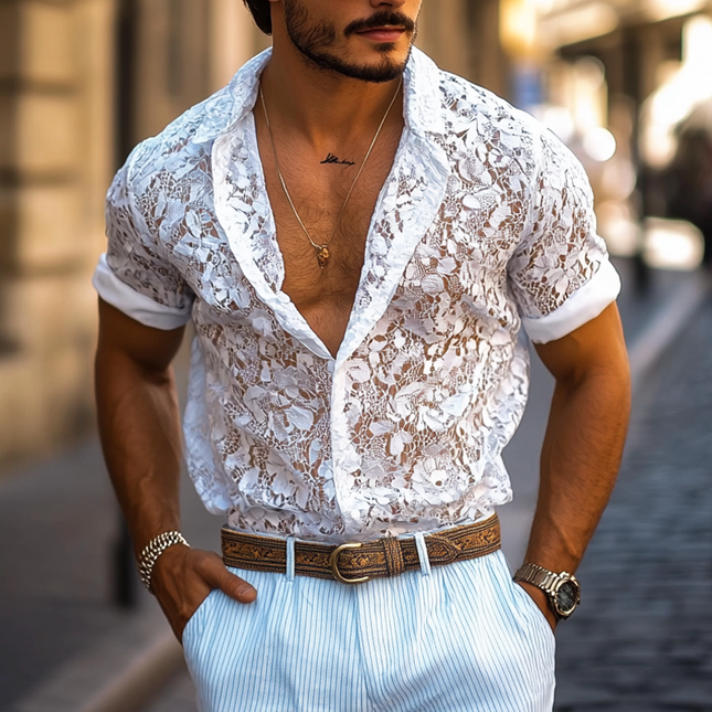 Men's Casual Shirt | Lace Lapel Detail | Button-Down | Short Sleeve | Soft Breathable Fabric | Stylish Comfort | Elegant Design | Perfect for Warm Weather & Social Gatherings