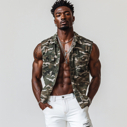 Men's Sleeveless Camouflage Shirt | Casual Outdoor Cotton | Lapel Collar | Chest Pocket | Slim Fit | Breathable Durable Fabric | Adventure Style | Streetwear | Sleek Contemporary Design