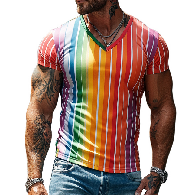 Men's Retro V-Neck T-Shirt | Rainbow Stripe Print | Short Sleeve Casual Top | Soft Cotton Fabric | Vintage-Inspired Design | Comfortable Everyday Wear | Various Sizes S-3XL | Spring & Summer Fashion
