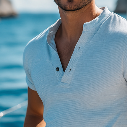 Men's Vintage Stripe Henley T-Shirt | Short Sleeve Casual | Retro Design | Breathable Cotton | Buttoned Placket | Comfortable Fit | Available Sizes S to 3XL | Ideal for Everyday Wear