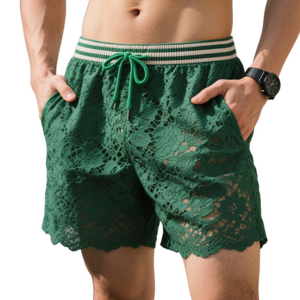 Men's Striped Lace Trim Shorts | Drawstring Waist | Casual Summer Wear | Lightweight Breathable Fabric | Trendy Style for Beach & Weekend Outings
