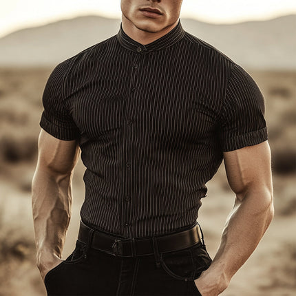Men's Cotton Blend Shirt | Striped | Stand Collar | Short Sleeve | Breathable | Comfortable | Versatile Style | Casual to Semi-Formal Wear | Multiple Patterns | Classic & Modern Design