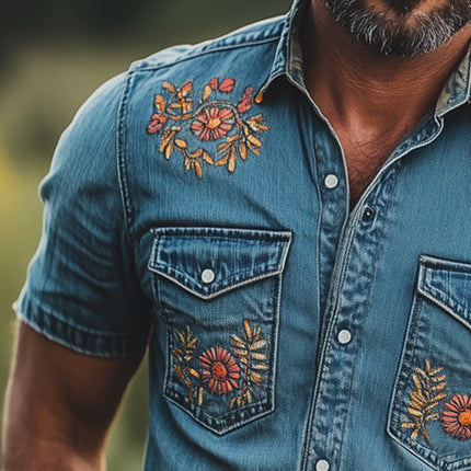 Men's Summer Denim Shirt | Floral Embroidery | Lightweight Breathable Fabric | Short Sleeve | Casual Wear | Classic Fit | Spread Collar | MTA2946D1U | Sizes S-3XL | Warm Weather Outings