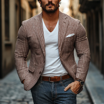 Men's Slim Fit Linen Blazer | Breathable Striped Lapel Jacket | Casual Single Breasted | Lightweight Summer Outerwear