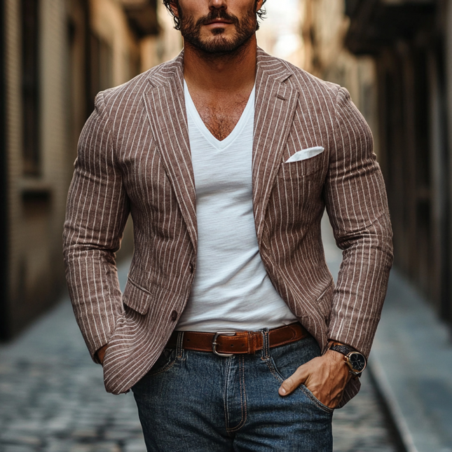 Men's Slim Fit Linen Blazer | Breathable Striped Lapel Jacket | Casual Single Breasted | Lightweight Summer Outerwear