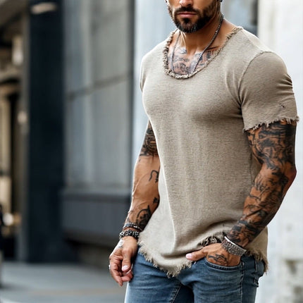 Men's Retro T-Shirt | Casual Raw Edge Ripped | Round Neck | Short Sleeve | Vintage Style | Soft Cotton Blend | Breathable | Versatile Fit | Multiple Sizes | Ideal for Everyday Wear | Spring Summer Fashion