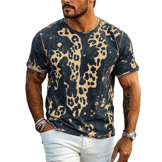Men's Retro Western Distressed Leopard Print T-Shirt | Cotton Blend Short Sleeve | Vintage Cowboy Style | Spring Summer Casual Wear | Bold Graphic Design | Comfortable Breathable Fabric
