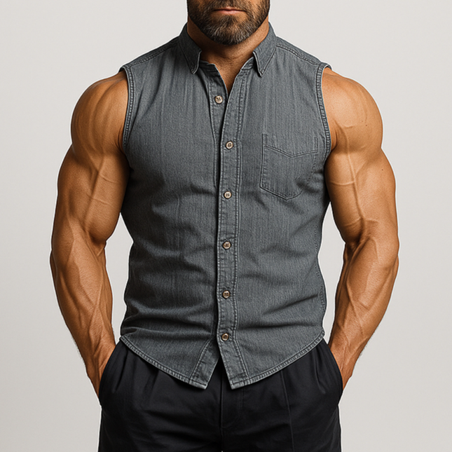Men's Vintage Washed Distressed Denim Sleeveless Shirt | Slim Fit | Lapel Collar | Patch Pocket | Rugged Casual Style | Streetwear Layering | Durable Fashionable Top