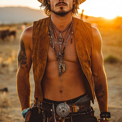 Men's Suede V-Neck Vest | Vintage Western Cowboy Style | High-Quality Material | Durable Wear | Classic Design | Casual & Themed Parties | Intricate Stitching | Iconic Cowboy Look | Versatile Outerwear
