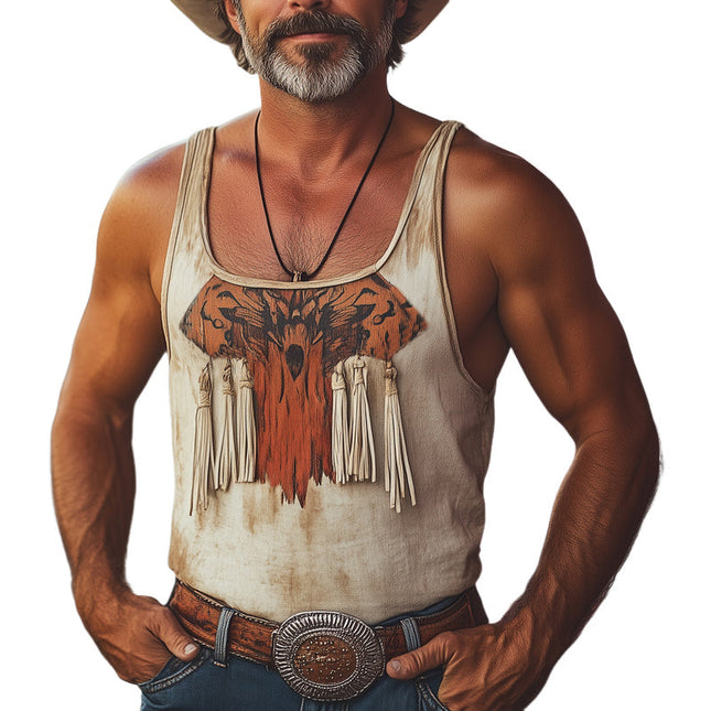 Men's Retro Tank Top | Summer Tassel Design | Printed Sleeveless Shirt | Casual Beachwear | MTA2595D7U