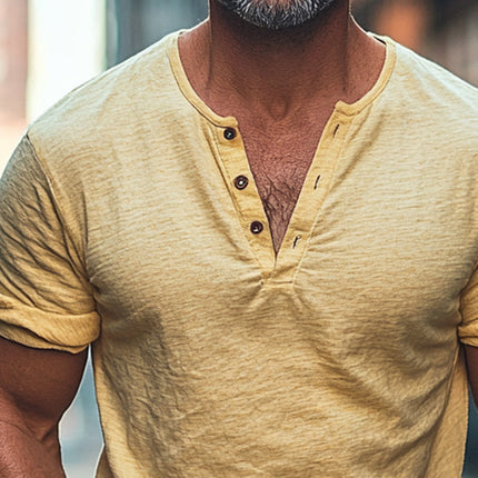 Men's Cotton Linen Blend T-Shirt | Henry Collar | Short Sleeve | Solid Colors | Breathable & Soft | Casual Stylish Fit | Summer Wardrobe Essential