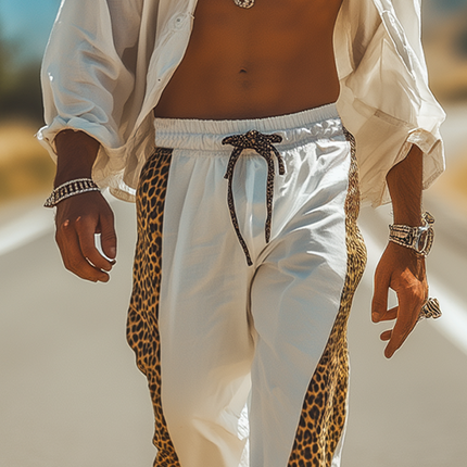 Men's Cotton Blend Leopard Print Pants | Elastic Waist | Spring Summer Fashion | Casual Relaxed Fit