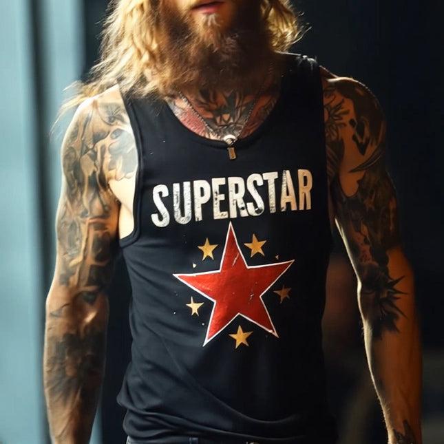 Men's Retro Tank Top | SUPERSTAR Print | Casual Crew Neck | Vintage Style | Sleeveless Cotton Shirt | Breathable Fabric | Versatile Fashion for Gym, Travel, Festivals | Sizes S-3XL