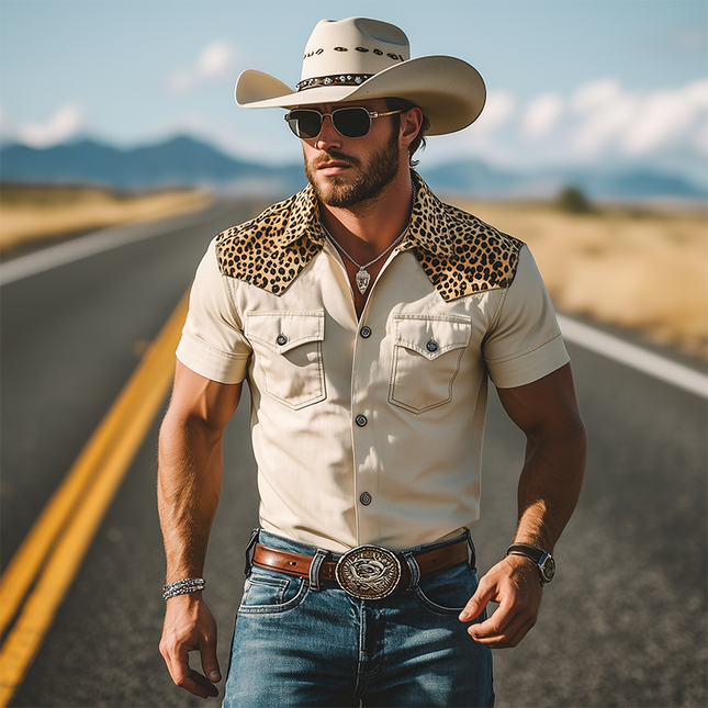 Men's Short Sleeve Shirt | Retro Western Style | Slim Fit | Leopard Print | Cotton Blend | Spring Summer Fashion | Vintage Cowboy Inspired | Breathable Casual Tops | Urban Edge Style