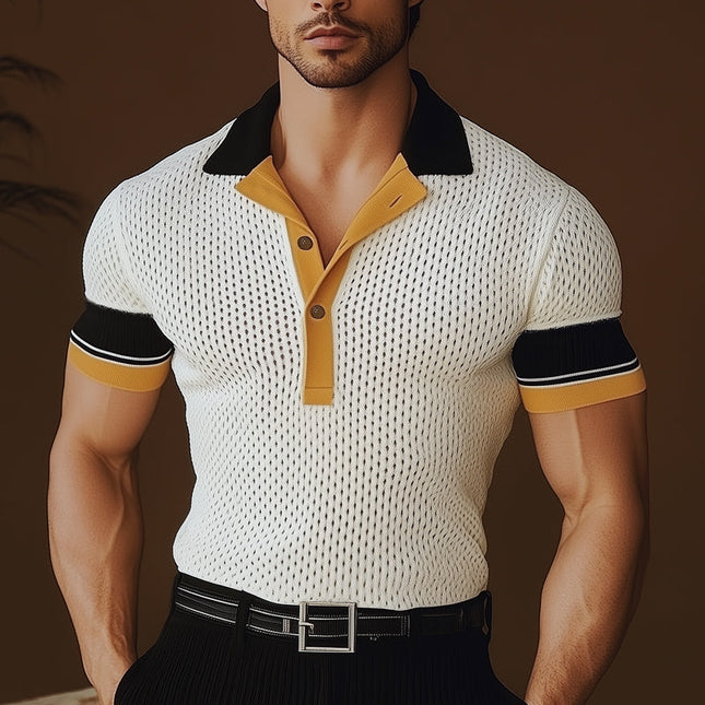 Men's Polo Shirt | Business Style | Colorblock Design | Comfortable Knitted Mesh | Breathable Cotton Polyester | Short Sleeves | Classic Polo Collar | Versatile for Office & Casual | Sizes S-3XL