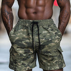 Men's Dark Camouflage Sports Shorts | Summer Casual Athletic Wear | Breathable Fabric | Elastic Waistband with Drawstring | Side Pockets | Fashionable Gym Shorts for Active Wear