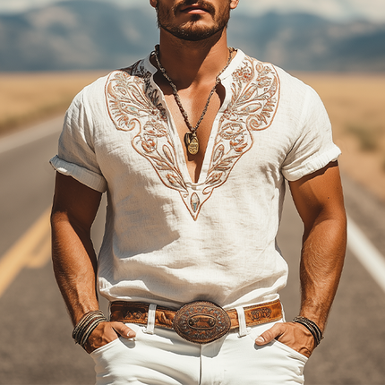 Men's Casual Cotton Linen Shirt | Embroidered Retro Western Henley Collar | Summer Fashion | Breathable Short Sleeve Top