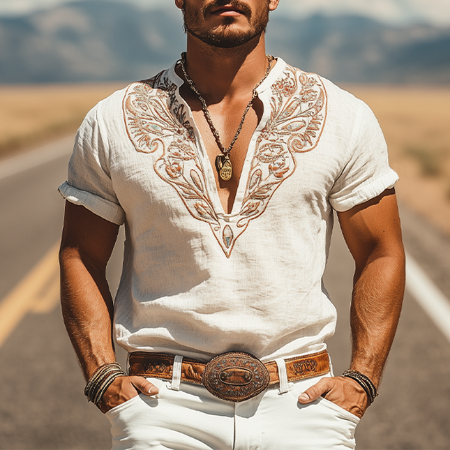 Men's Casual Cotton Linen Shirt | Embroidered Retro Western Henley Collar | Summer Fashion | Breathable Short Sleeve Top