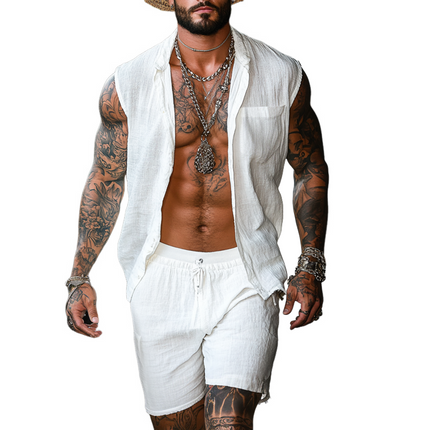 Men's Summer Set | Cotton Linen Sleeveless Shirt | Stand Collar | Elastic Waist Shorts | Breathable Casual Outfit | Beach Days | Relaxed Fit | Lightweight Fashion