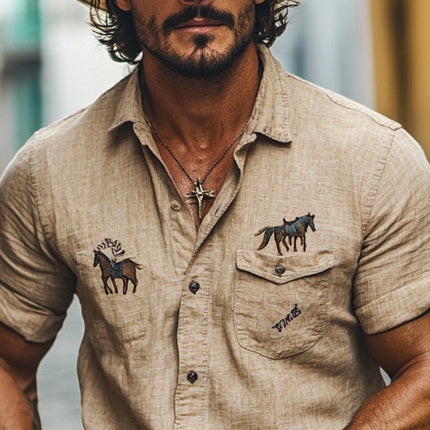 Men's Western Style Embroidered Short Sleeve Lapel Shirt | Breathable Fabric | Stylish Design | Ideal for Casual & Semi-Formal Wear | Perfect with Jeans or Chinos | Comfortable Fit | Fashionable Details