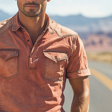 Men's Pullover Denim Shirt | Western Cowboy Style | Long Sleeve | Traditional Collar | Snap-Button Closure | Chest Pockets | 100% Cotton | Casual & Country Wear | Classic Rustic Fashion