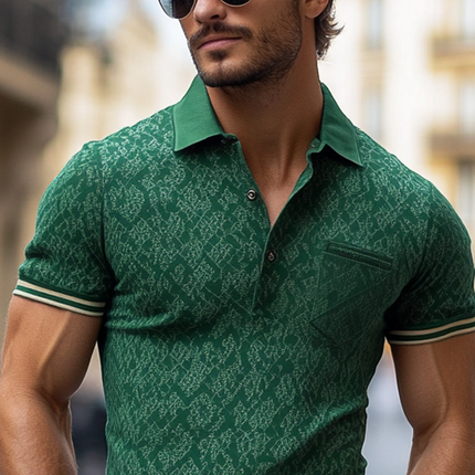 Men's Vintage Print Polo Shirt | Short Sleeve | Chest Pocket | Lapel Detail | Retro Style | Casual Fashion | Breathable Fabric | Comfortable Fit | Ideal for Outings & Gatherings