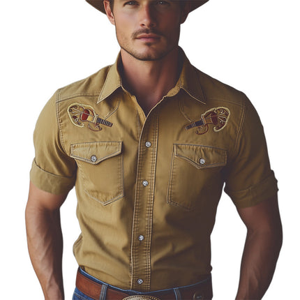 Men's Denim Shirt | Western Cowboy Style | Guitar Embroidery | Short Sleeve | Lapel Collar | Casual Button-Down Top | Comfortable Fit | Music Inspired | Sizes S to 3XL | Premium Quality Denim