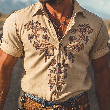 Men's Summer Shirt | Classic Retro Western Style | Embroidered Linen | Short Sleeve | Breathable Comfort | Versatile Casual | Iconic Design | Optimal Airflow | Modern Flair | Timeless Nostalgia