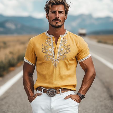 Men's Summer Cotton Linen T-Shirt | Retro Western Style | Embroidered Henley Collar | Casual Fashion | Breathable Fabric | Comfortable Fit | Ideal for Summer Warm Days