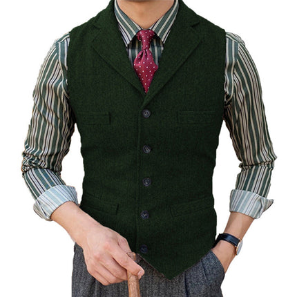 Men's Wool Blend Vest | Vintage Style | Single Breasted with Lapel | Slim Fit | Charcoal Navy Herringbone Patterns | Smart Casual Formal Wear | Adjustable Back | Functional Pockets | Year-Round Outerwear