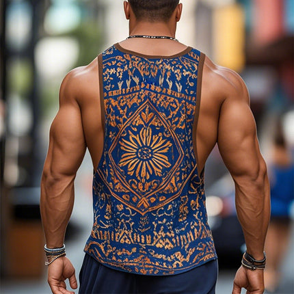 Men's Sleeveless Ethnic Geometric Print Tank Top | Retro Style Round Neck | Lightweight Cotton Blend | Versatile Casual Wear for Beach Vacations | Sizes S to 3XL | Comfort Fit