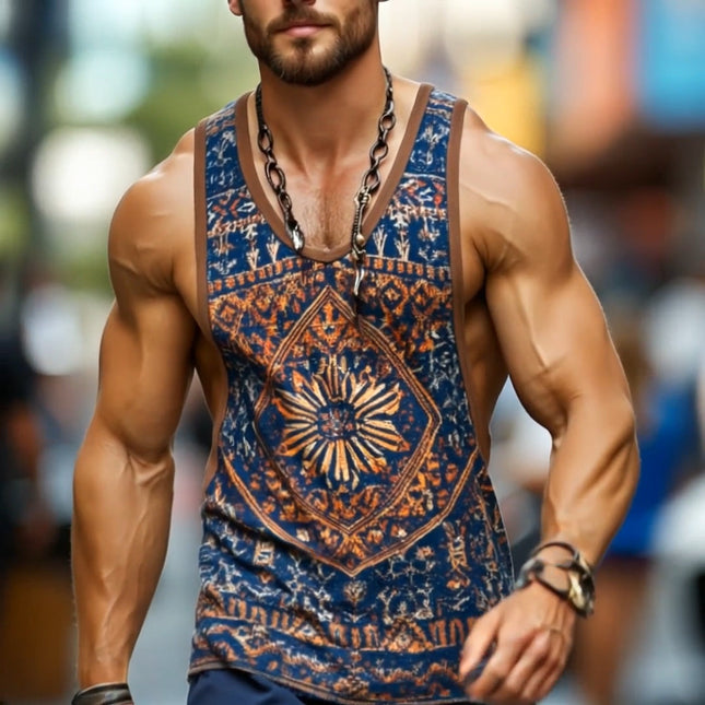 Men's Sleeveless Ethnic Geometric Print Tank Top | Retro Style Round Neck | Lightweight Cotton Blend | Versatile Casual Wear for Beach Vacations | Sizes S to 3XL | Comfort Fit