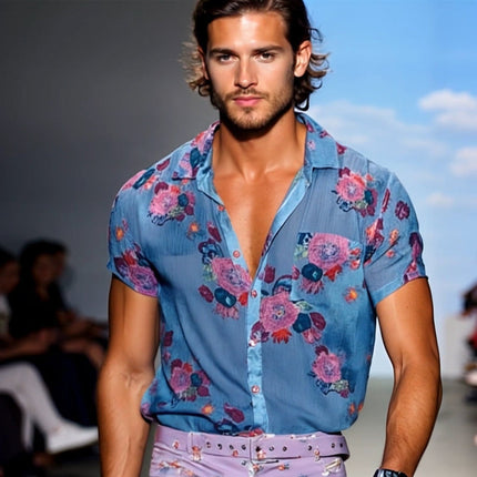 Men's Floral Linen Short Sleeve Shirt | Vintage Casual Lapel Design | Breathable Summer Top | Versatile for Beach Outings & Gatherings | Lightweight & Comfortable | Sizes S-3XL