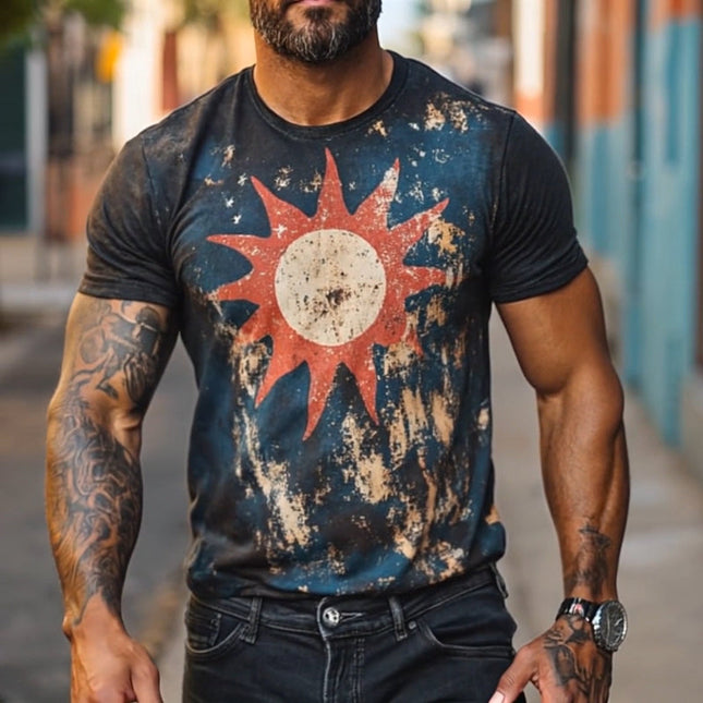 Men's Retro Sun Graphic T-Shirt | Short Sleeve | Round Neck | Breathable Polyester | Casual Wear | Sizes S-3XL | Nostalgic Style | Summer Essential | Versatile Design | Comfortable Fit