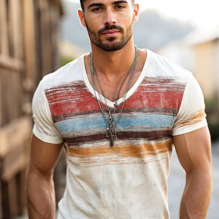 Men's Retro V-Neck T-Shirt | Shabby Striped Print | Short Sleeve | Casual Cotton Blend | Comfortable Fit | Breathable Fabric | Variety of Sizes | Perfect for Spring and Summer | Versatile Style