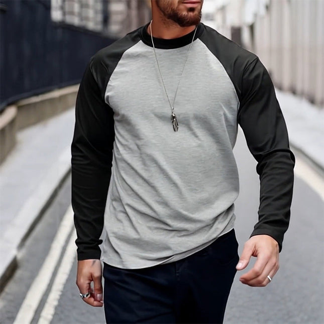 Men's Long Sleeve T-Shirt | Retro Colorblock Design | Round Neck | Casual Style | Polyester-Cotton Blend | Sizes S to 3XL | Fashionable Everyday Wear | Comfort & Durability