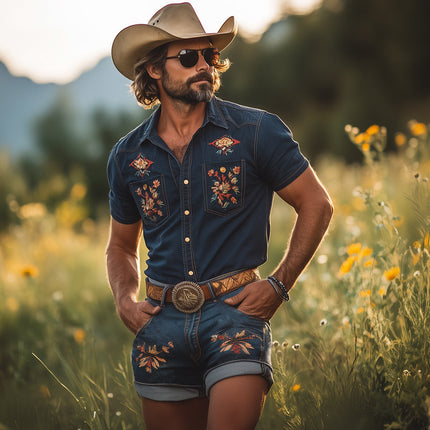 Men's Retro Embroidered Denim Shirt and Shorts Set | Summer Fashion | Casual Short Sleeve | Vintage Style | Lightweight Breathable Fabric | Classic Collar | Practical Pockets | Easy Care Machine Washable