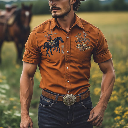 Men's Vintage Western Shirt | Embroidered Short Sleeve | Classic Fit | Premium Fabric | Elegant Detailing | Casual Outdoor Style | Western Aesthetic | Tailored Comfort | Versatile Wardrobe Essential