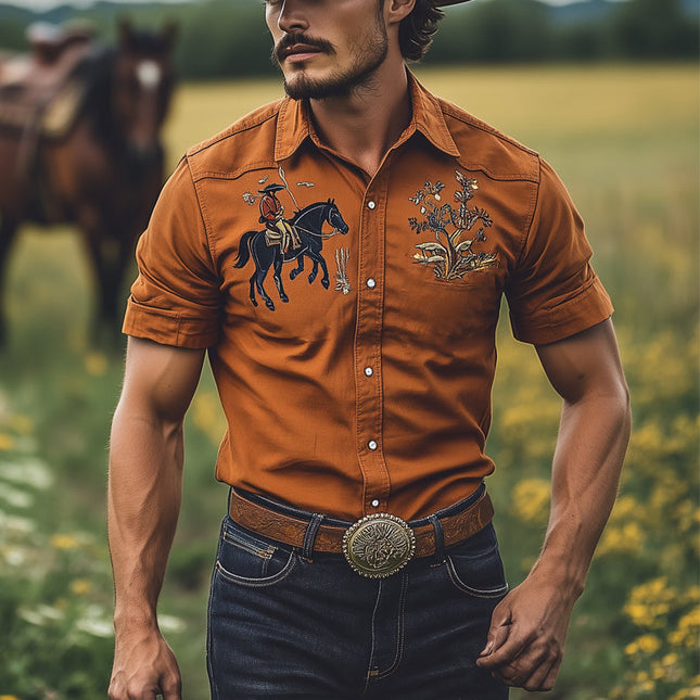 Men's Vintage Western Shirt | Embroidered Short Sleeve | Classic Fit | Premium Fabric | Elegant Detailing | Casual Outdoor Style | Western Aesthetic | Tailored Comfort | Versatile Wardrobe Essential