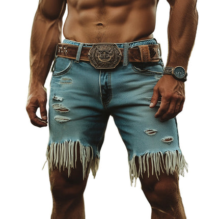 Men's Denim Shorts | Western Cowboy Style | Ripped Tassel Design | Premium Quality Denim | Distressed Detail | Mid-Rise Fit | Above Knee Length | Functional Pockets | Comfortable Stretch | Versatile Fashion