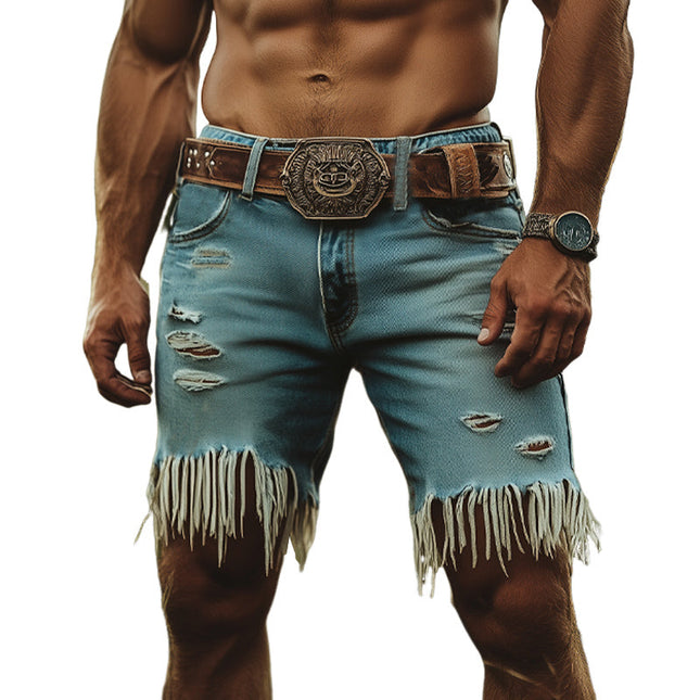 Men's Denim Shorts | Western Cowboy Style | Ripped Tassel Design | Premium Quality Denim | Distressed Detail | Mid-Rise Fit | Above Knee Length | Functional Pockets | Comfortable Stretch | Versatile Fashion